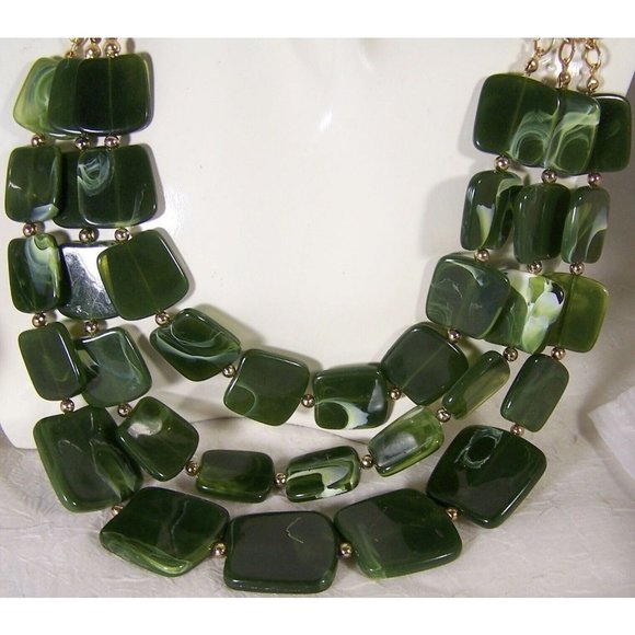 Vintage Charmin Charlie Signed Statement Necklace Faux Jade Panels Rhinestones - Picture 2 of 8